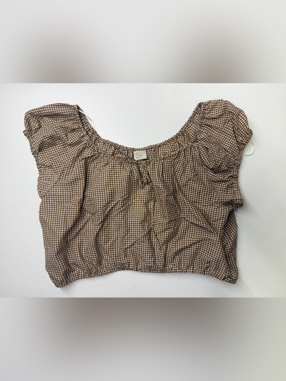 A New Day Brown Gingham Puff Sleeve Crop Top Size L